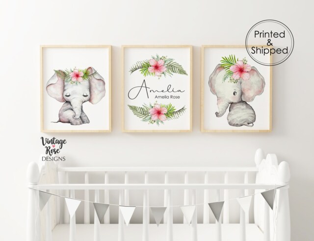 Set Of 3 Nursery Printables, {Digital Prints} Elephant Decor, Girls Room Wall Art, Nursery, Personalised Name Print