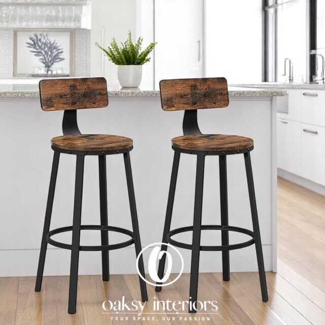 Set Of 2 Industrial Bar Stools With Backrests For Kitchen - Rustic Brown & Black - image 1