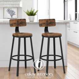 Set Of 2 Industrial Bar Stools With Backrests For Kitchen - Rustic Brown & Black - thumbnail 1