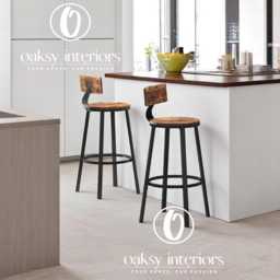 Set Of 2 Industrial Bar Stools With Backrests For Kitchen - Rustic Brown & Black - thumbnail 2