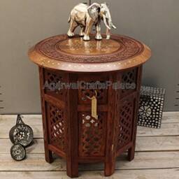 Wooden Centre Table, Sheesham Wood Brass Inlay Table, Coffee Round Side Furniture, Handmade Table - thumbnail 4