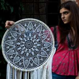 Large Crochet Dream Catcher, Boho Wall Hanging, Lace Ribbon Yarn - thumbnail 3