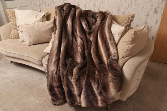 Handmade Brown Wolf Faux Fur Throw Cream Sheepskin Lining - image 1