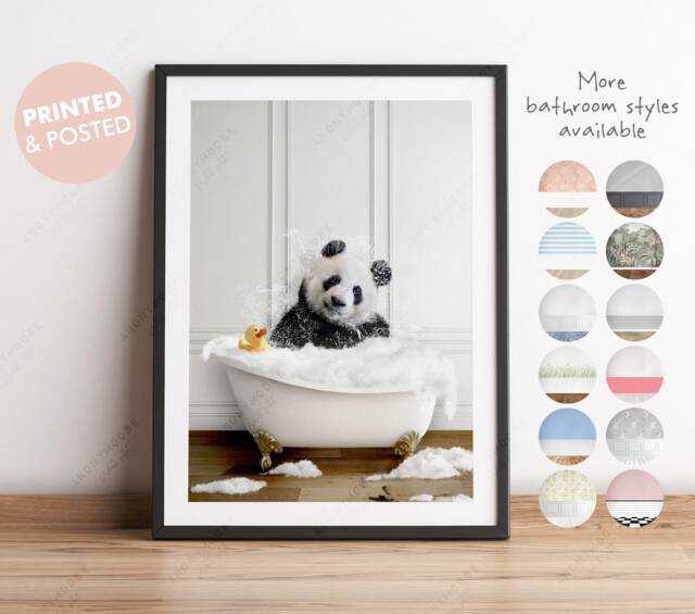 Panda Bear Shaking Head in A Bath Print, Bathing, Funny Bathroom Animal Bathtub, Tub Whimsy - image 1