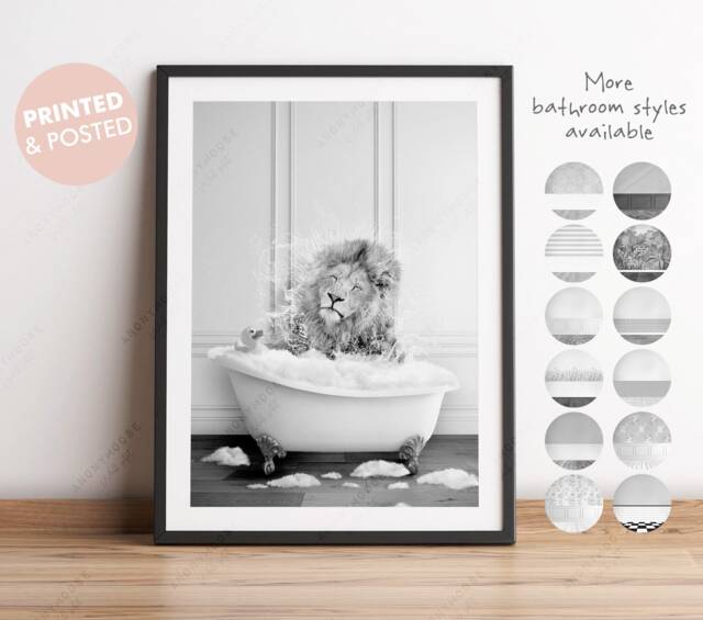 Black & White Lion Shaking Head in A Bath Print, Bathing, Funny Bathroom Animal Bathtub, Tub Whimsy - image 1