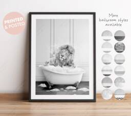 Black & White Lion Shaking Head in A Bath Print, Bathing, Funny Bathroom Animal Bathtub, Tub Whimsy - thumbnail 1