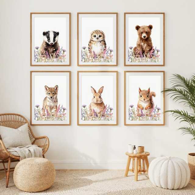 Woodland Baby Animal Print Set - Nursery Wall Art With Wildflowers, Of 1-6 Forest Animal Prints, Choice Animals - image 1