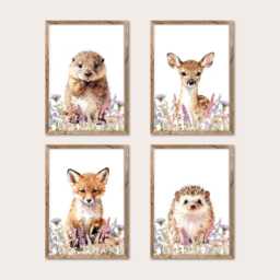 Woodland Baby Animal Print Set - Nursery Wall Art With Wildflowers, Of 1-6 Forest Animal Prints, Choice Animals - thumbnail 3