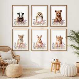 Woodland Baby Animal Print Set - Nursery Wall Art With Wildflowers, Of 1-6 Forest Animal Prints, Choice Animals - thumbnail 1