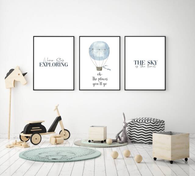 Set Of 3 Boys Bedroom Prints, Blue Nursery Print Set, Exploring Adventure Boys Quote Game Room Childs Bedroom - image 1
