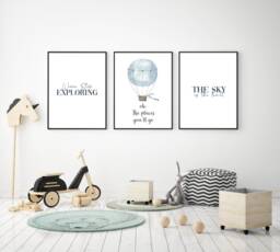 Set Of 3 Boys Bedroom Prints, Blue Nursery Print Set, Exploring Adventure Boys Quote Game Room Childs Bedroom - thumbnail 1