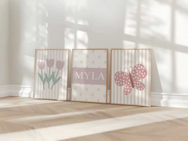 Personalised Floral Butterfly Nursery Print Set Girl's Bedroom Decor - image 1