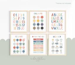 Set Of 6 Educational Prints, Alphabet & Numbers Classroom Playroom Decor, Kids Wall Art - thumbnail 1