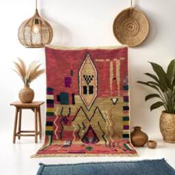 Handmade Dark Pink Moroccan Rug Berber Sheep Wool Carpet