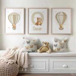 Personalized Teddy Bear Hot Air Balloon Nursery Prints Set Of 3 Beige - thumbnail 3