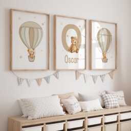Personalized Teddy Bear Hot Air Balloon Nursery Prints Set Of 3 Beige - thumbnail 2