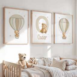 Personalized Teddy Bear Hot Air Balloon Nursery Prints Set Of 3 Beige - thumbnail 1