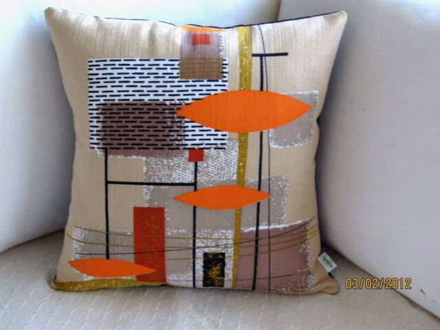 Vintage Barkcloth Pillow Cover Mid Century Modern Orange Rust Tan - image 1