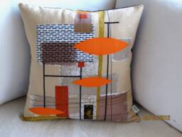 Vintage Barkcloth Pillow Cover Mid Century Modern Orange Rust Tan - thumbnail 1