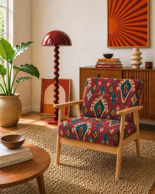Upholstered Midcentury Modern Armchair - Ruby Red Boho Fabric - image 1
