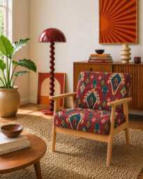 Upholstered Midcentury Modern Armchair - Ruby Red Boho Fabric