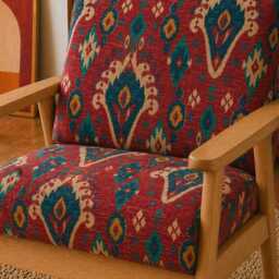 Upholstered Midcentury Modern Armchair - Ruby Red Boho Fabric - thumbnail 2