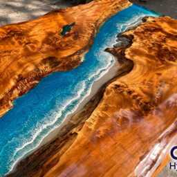 Custom Blue Ocean Epoxy Resin Dining Table Live Edge Mappa Wood - thumbnail 3