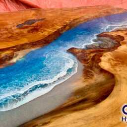 Custom Blue Ocean Epoxy Resin Dining Table Live Edge Mappa Wood - thumbnail 2