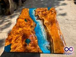 Custom Blue Ocean Epoxy Resin Dining Table Live Edge Mappa Wood