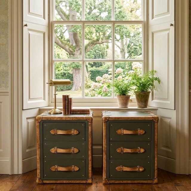 Leather Nightstands Matching Pair Olive Green Tan Trim Three Drawer Storage Chest Bedroom Accents - image 1