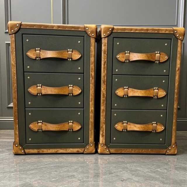 Olive Green Leather Nightstands Matching Pair, Three Drawer Storage Chest - image 1