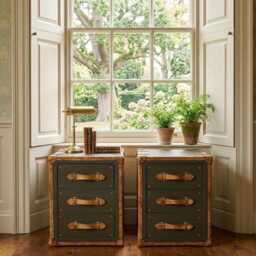Leather Nightstands Matching Pair Olive Green Tan Trim Three Drawer Storage Chest Bedroom Accents - thumbnail 1