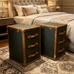 Olive Green Leather Nightstands Matching Pair, Three Drawer Storage Chest - thumbnail 4
