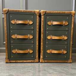 Leather Nightstands Matching Pair Olive Green Tan Trim Three Drawer Storage Chest Bedroom Accents - thumbnail 3