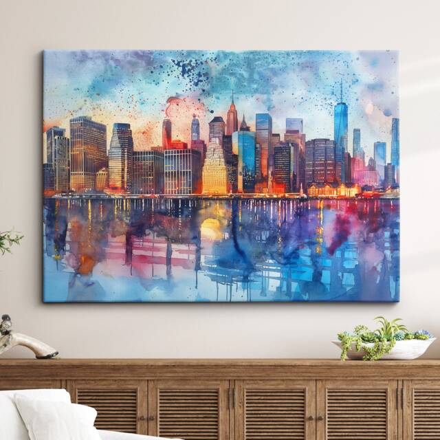 New York City Skyline Sunset America Landmark Oil Painting Style Wall Art Framed Calming Canvas Poster Print Home Office Room Decor Gifts - image 1