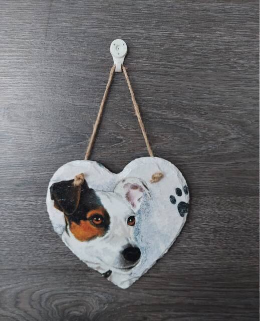Jack Russell Dog Slate Heart Plaque Decoupaged Wall Hanging - 15cm - image 1
