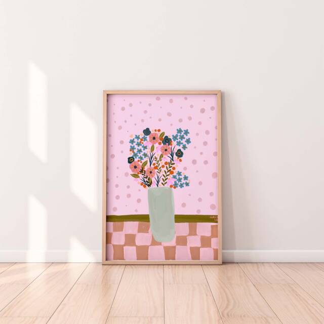 Floral Boquet Daisy Poppy Vase Gingham - Illustration Art Print - image 1