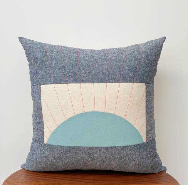 Blue Linen Sunburst Pillow Cover, Sunrise Stitching Cushion - image 1