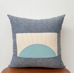 Blue Linen Sunburst Pillow Cover, Sunrise Stitching Cushion - thumbnail 1