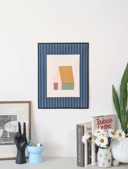 Quilted Little House Wall Hanging Handmade Textile Artwork With Blue Stripes Mat - image 1