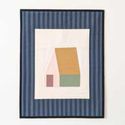 Quilted Little House Wall Hanging Handmade Textile Artwork With Blue Stripes Mat - thumbnail 2