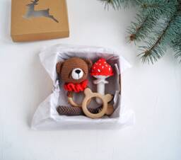 Woodland Baby Gift Box With Mushroom Toy & Brown Bear On Wood Ring, Personalized Unisex Set