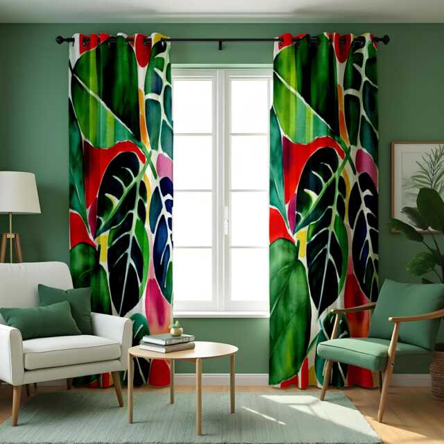 Tropical Jungle Leaf Curtains, Bold Red & Green Botanical Window Panels, Exotic Plant Print Drapes For Living Room Or Bedroom - image 1