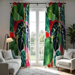 Tropical Jungle Leaf Curtains, Bold Red & Green Botanical Window Panels, Exotic Plant Print Drapes For Living Room Or Bedroom - thumbnail 3