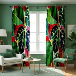 Tropical Jungle Leaf Curtains, Bold Red & Green Botanical Window Panels, Exotic Plant Print Drapes For Living Room Or Bedroom - thumbnail 1
