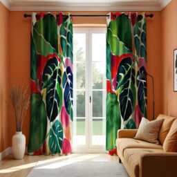 Tropical Jungle Leaf Curtains, Bold Red & Green Botanical Window Panels, Exotic Plant Print Drapes For Living Room Or Bedroom - thumbnail 2