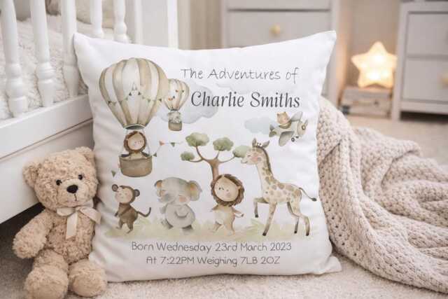 Personalised Birth Announcement Cushion 40x40cm - Custom Baby Name Pillow New Gift Nursery Safari Decor - image 1