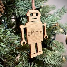 Christmas Personalised Robot Bauble - Tree Decoration Wooden Or Perspex - thumbnail 2