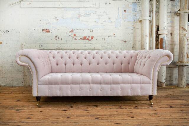 British Handmade 3 Seater Pale Powder Pink Textured Velvet Chesterfield Sofa - image 1