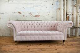 British Handmade 3 Seater Pale Powder Pink Textured Velvet Chesterfield Sofa - thumbnail 1